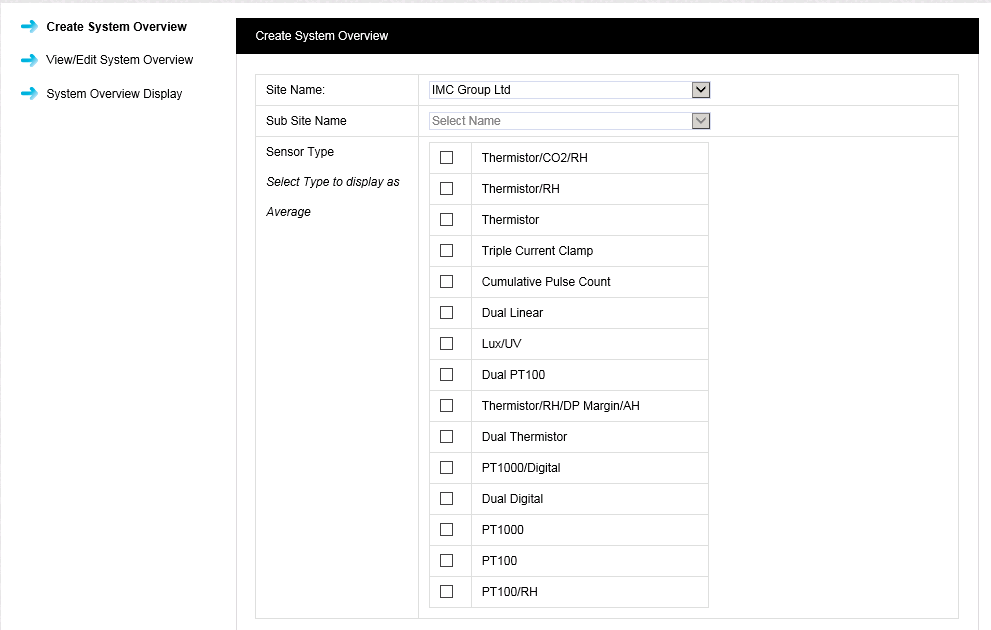 Create System Overview - Sensor Type List