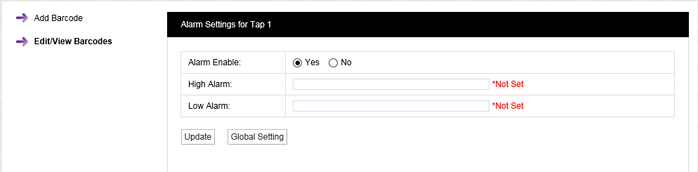 Barcode Alarm Settings