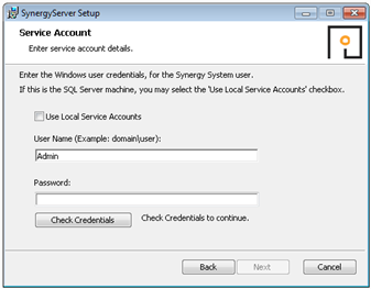 Service Account Window